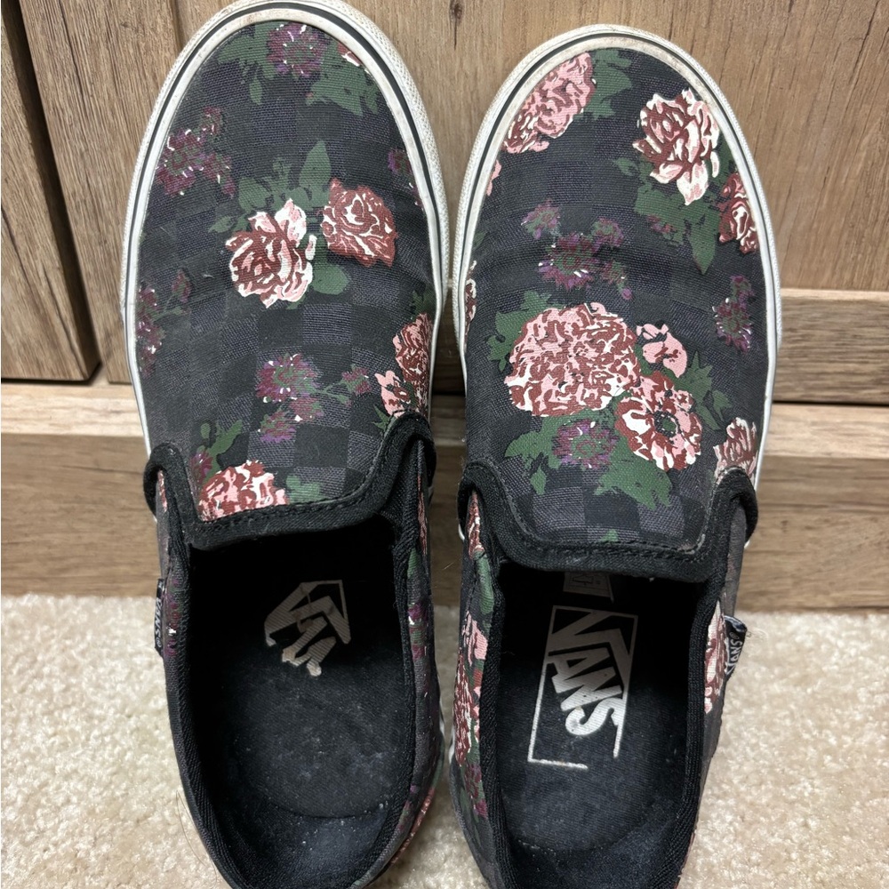 Vans Black and Pink Floral Slip-Ons